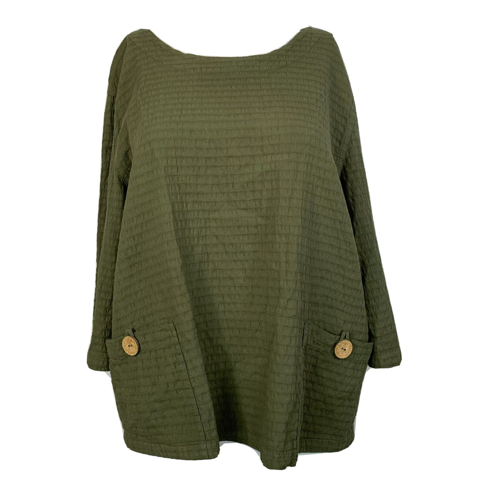 Focus Casual Life Shirt Womens sz S Olive Green Gauze Top Cotton Pockets Buttons